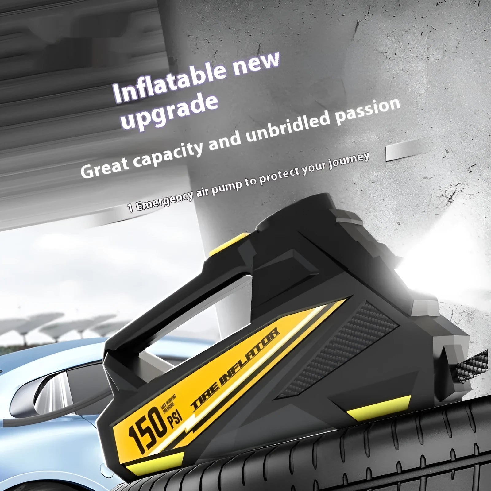 Black portable electric tyre inflator with digital display for car tyre inflation