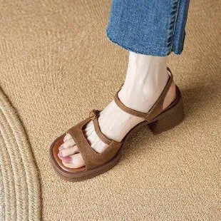 Open toe square toe platform sandals for women with PU upper and rubber sole in beige colour