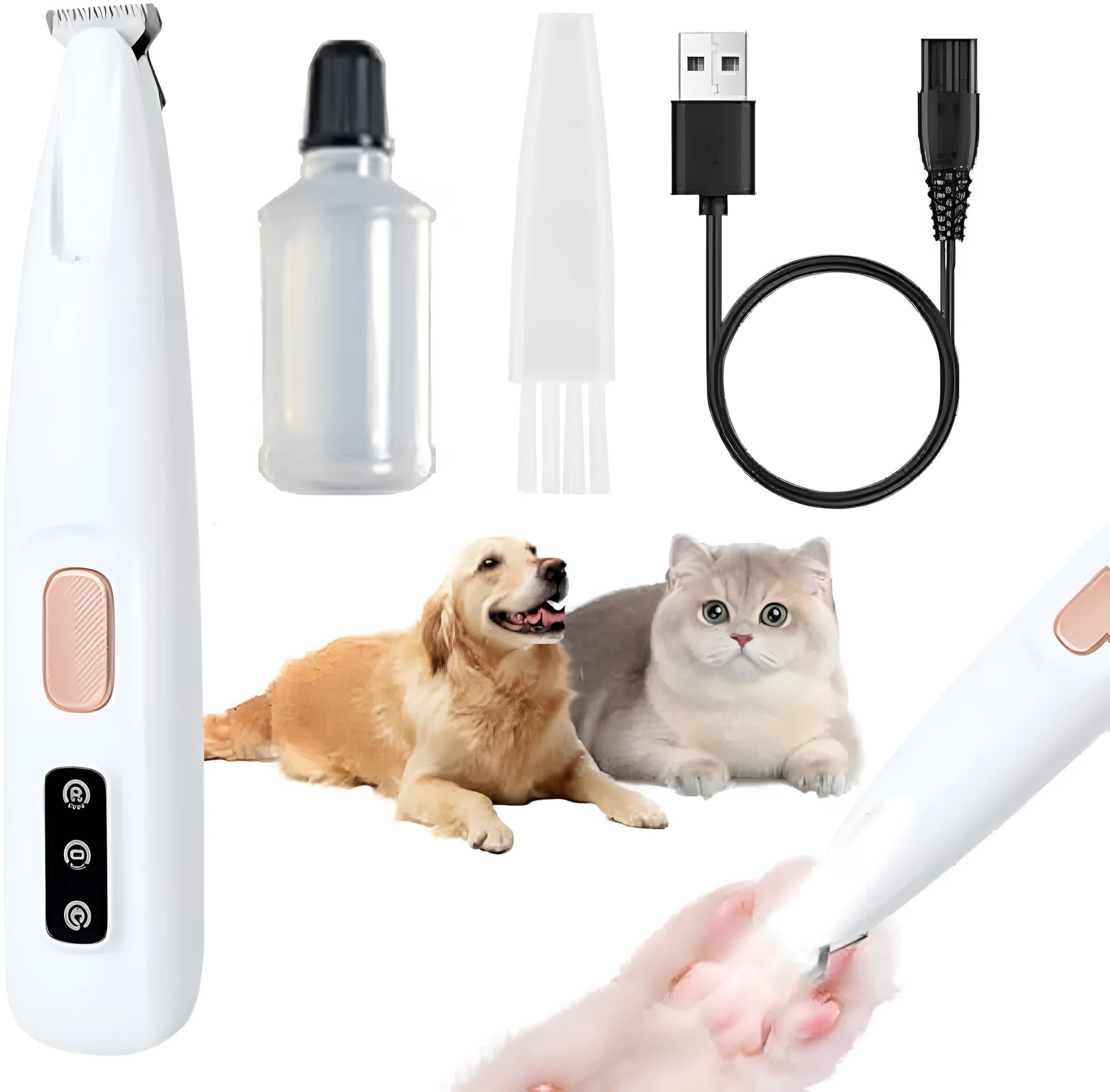 White dog paw trimmer with LED light and rechargeable USB cable