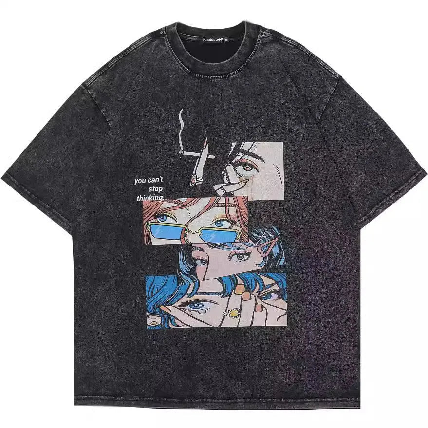 Men's loose black cotton t-shirt with a cartoon print on the front, short sleeve pullover style.