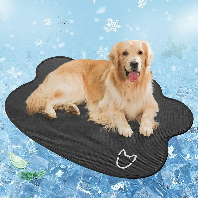Ice silk pet cooling mat with dog head shaped design in light grey colour
