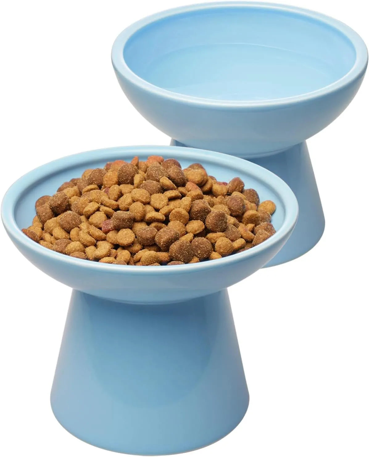 Elevated ceramic cat bowl in blue with wide 16cm diameter shallow design