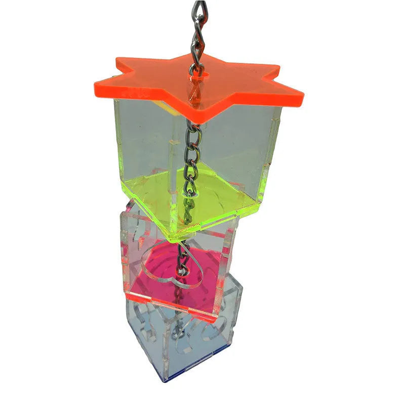 Clear acrylic parrot foraging toy measuring 5x5x32cm with food inside for bird enrichment