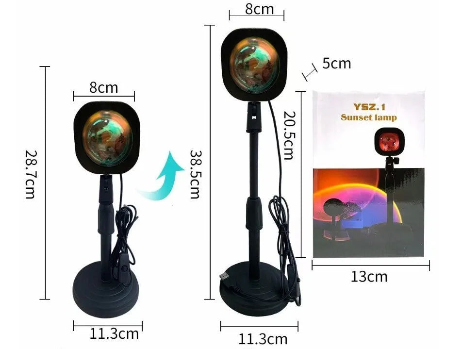 Rechargeable sunset projection lamp with USB cable showing rainbow and red light effect.