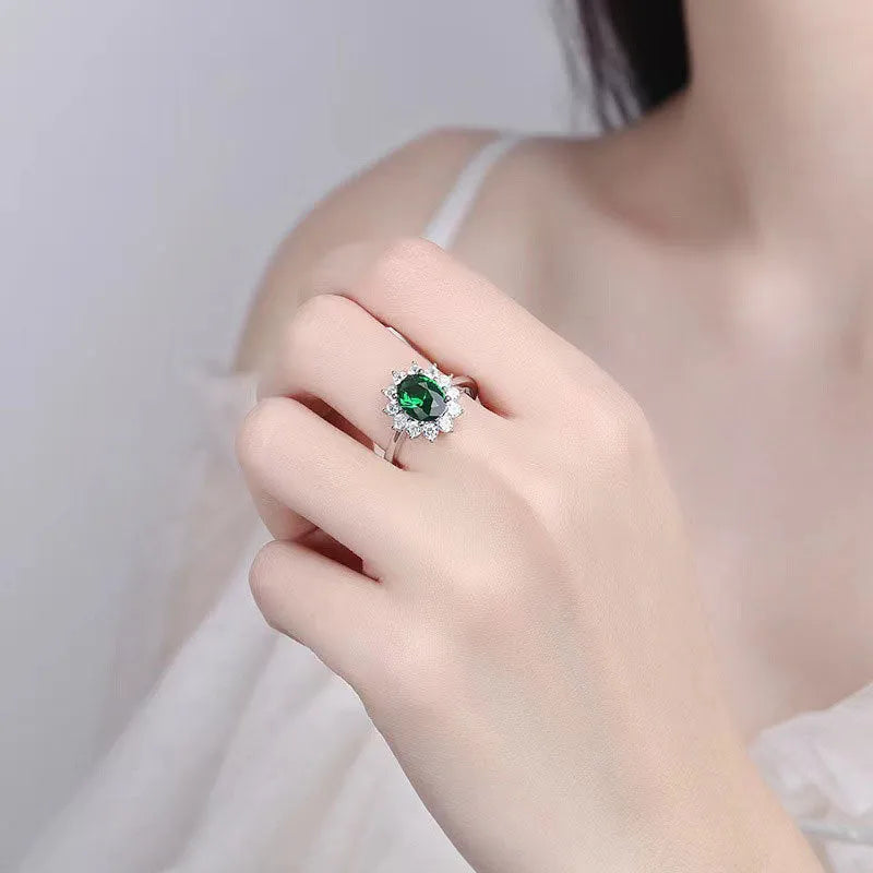 Women's electroplated copper ring with flower-shaped zirconium detail in blue, green, or red.