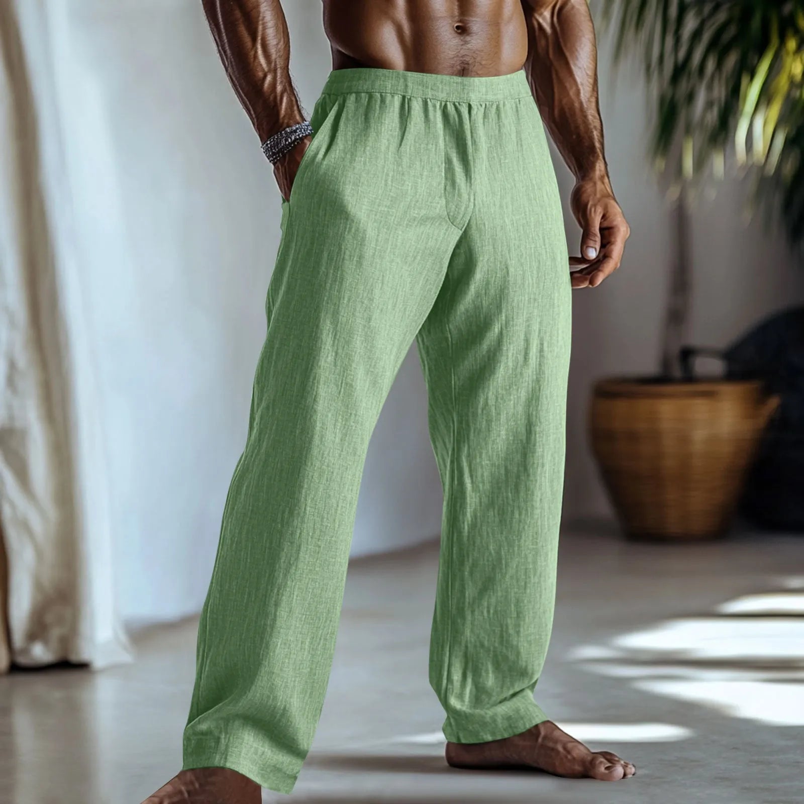 Cotton and linen straight leg casual trousers with pockets in various colour options
