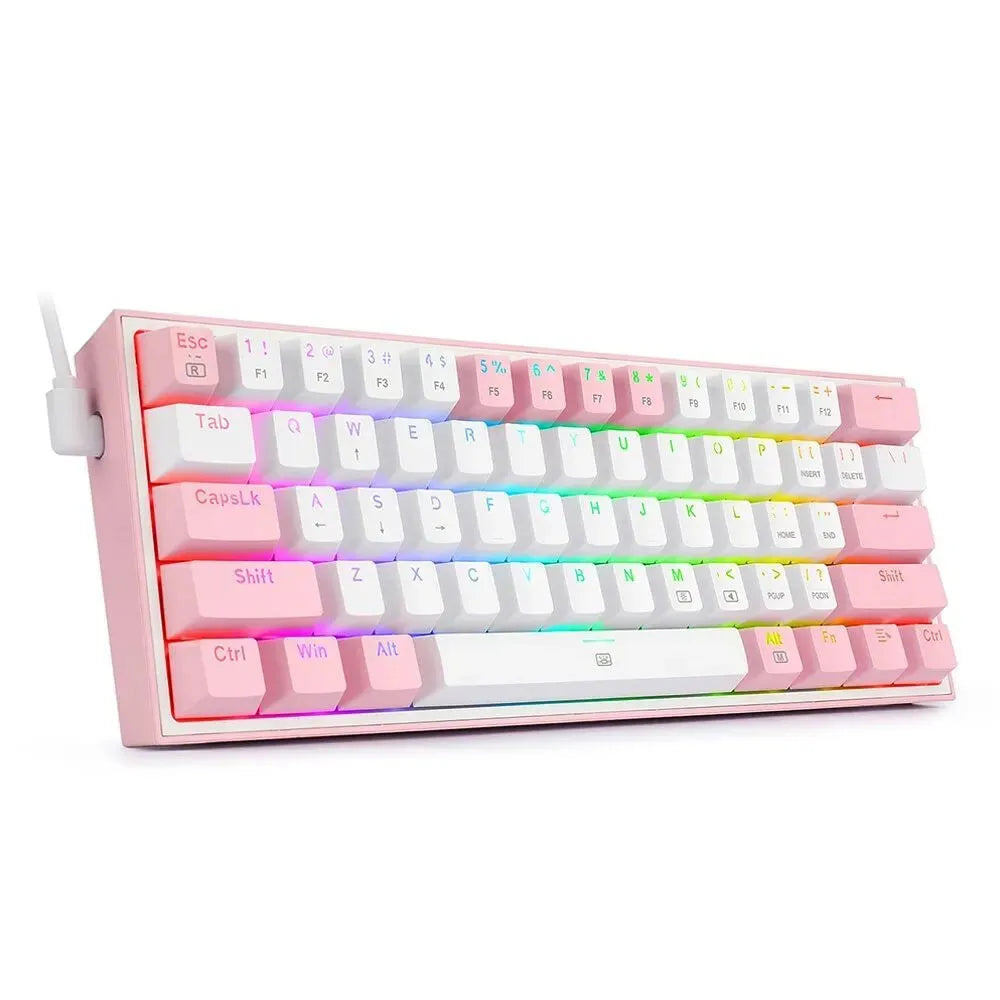 White and pink K617 wired mechanical keyboard with RGB backlighting lit up.