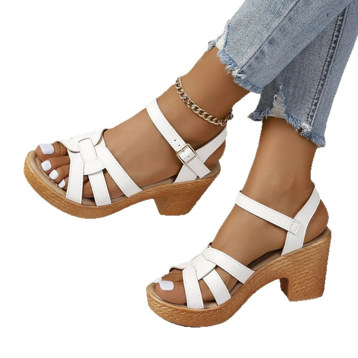 Plus size Roman peep toe chunky heel sandals with ankle buckle in black, brown, white options on display