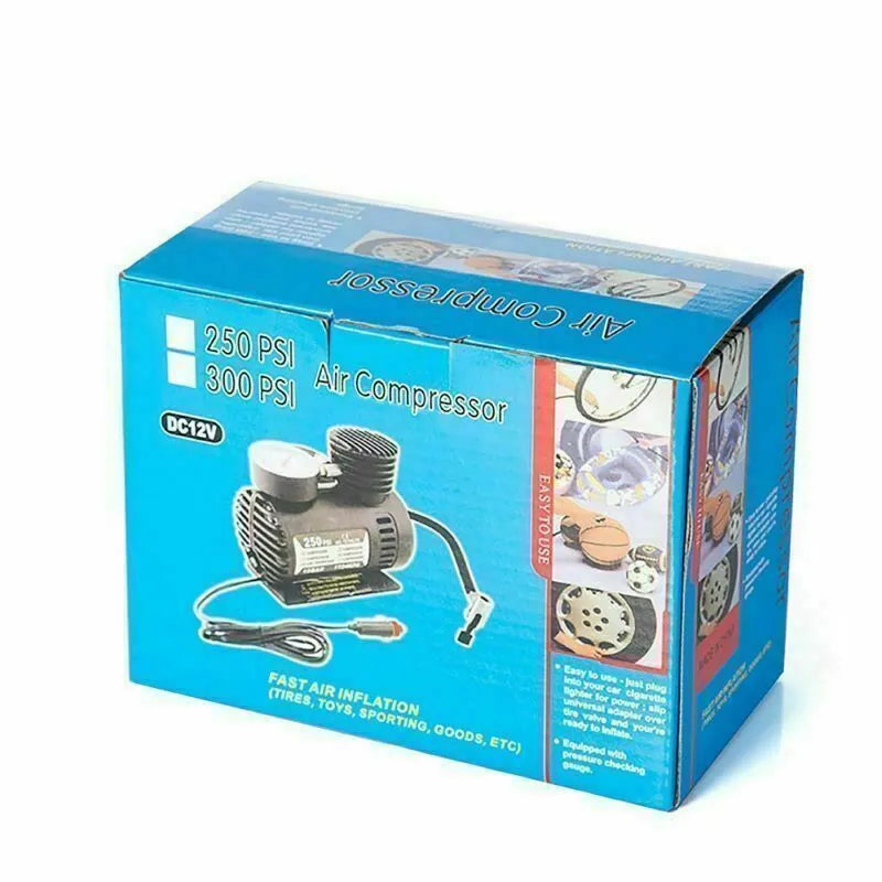 Mini 12V car air compressor in black with pressure gauge and 9-foot cord