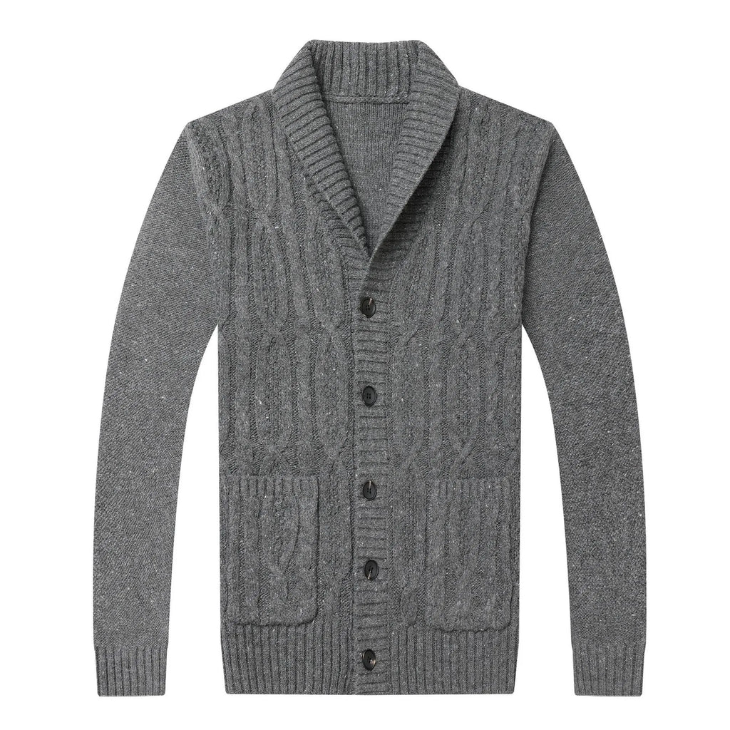 Men's Korean style jacquard patterned knit cardigan jacket on a hanger showing straight fit and textured fabric.