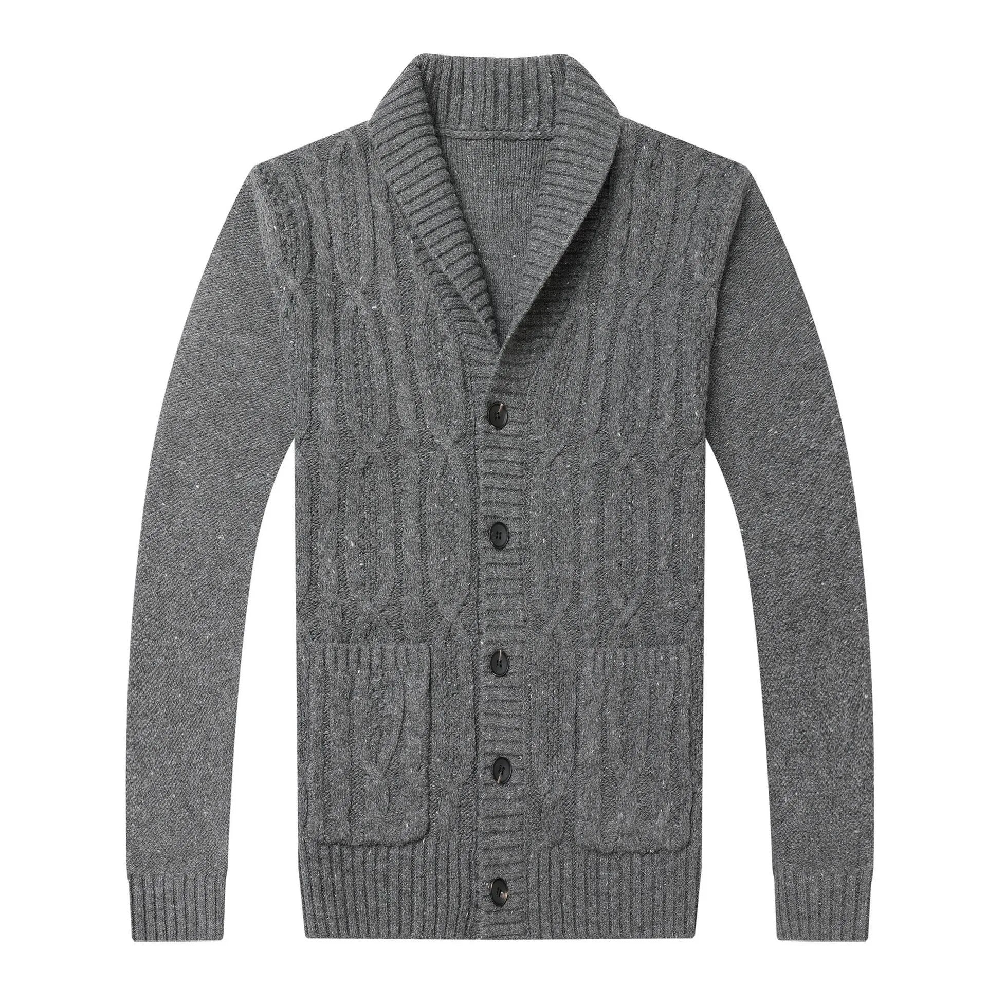 Men's Korean style jacquard patterned knit cardigan jacket on a hanger showing straight fit and textured fabric.