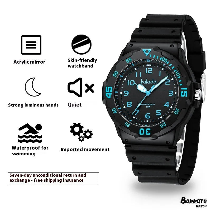 Men's sports luminous pointer quartz watch in black and green with date and week calendar display