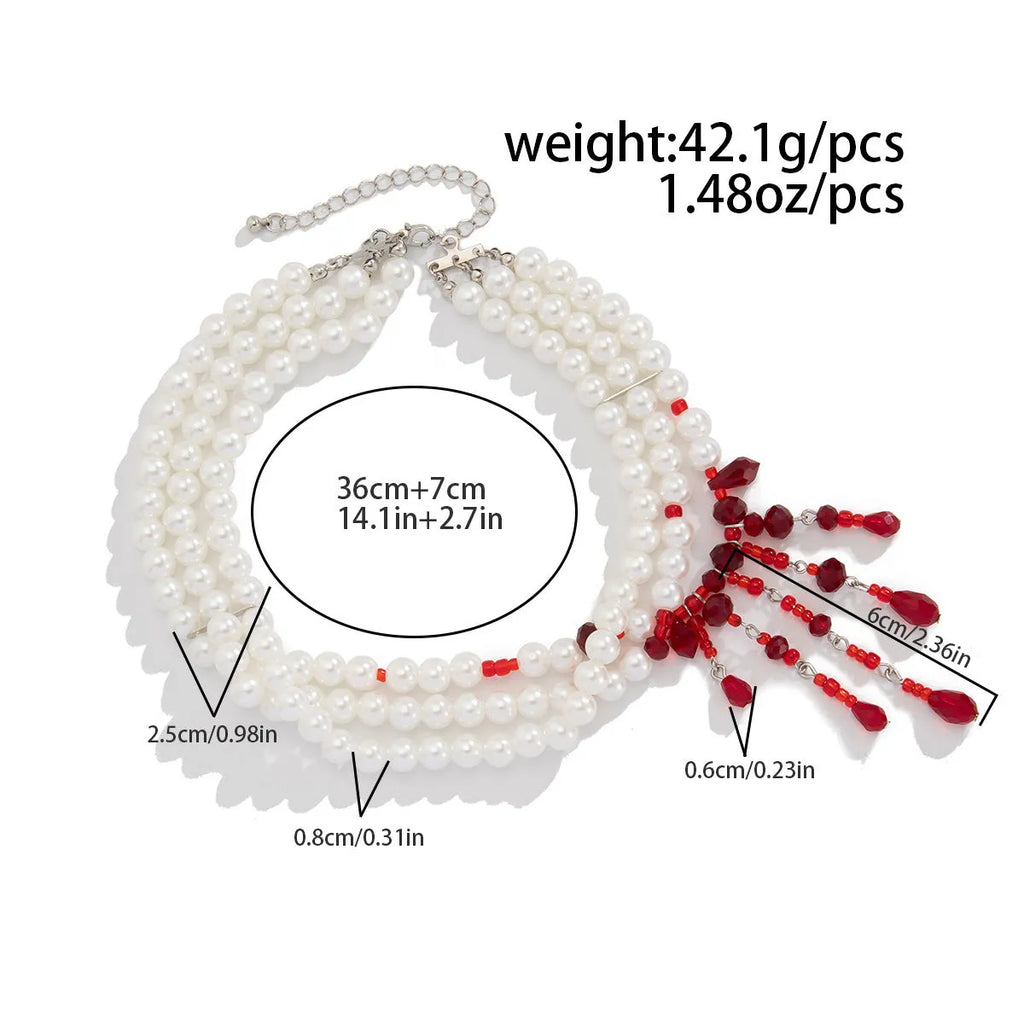 Halloween blood drop tassel pearl crystal men's necklace with geometric pendant in red and black