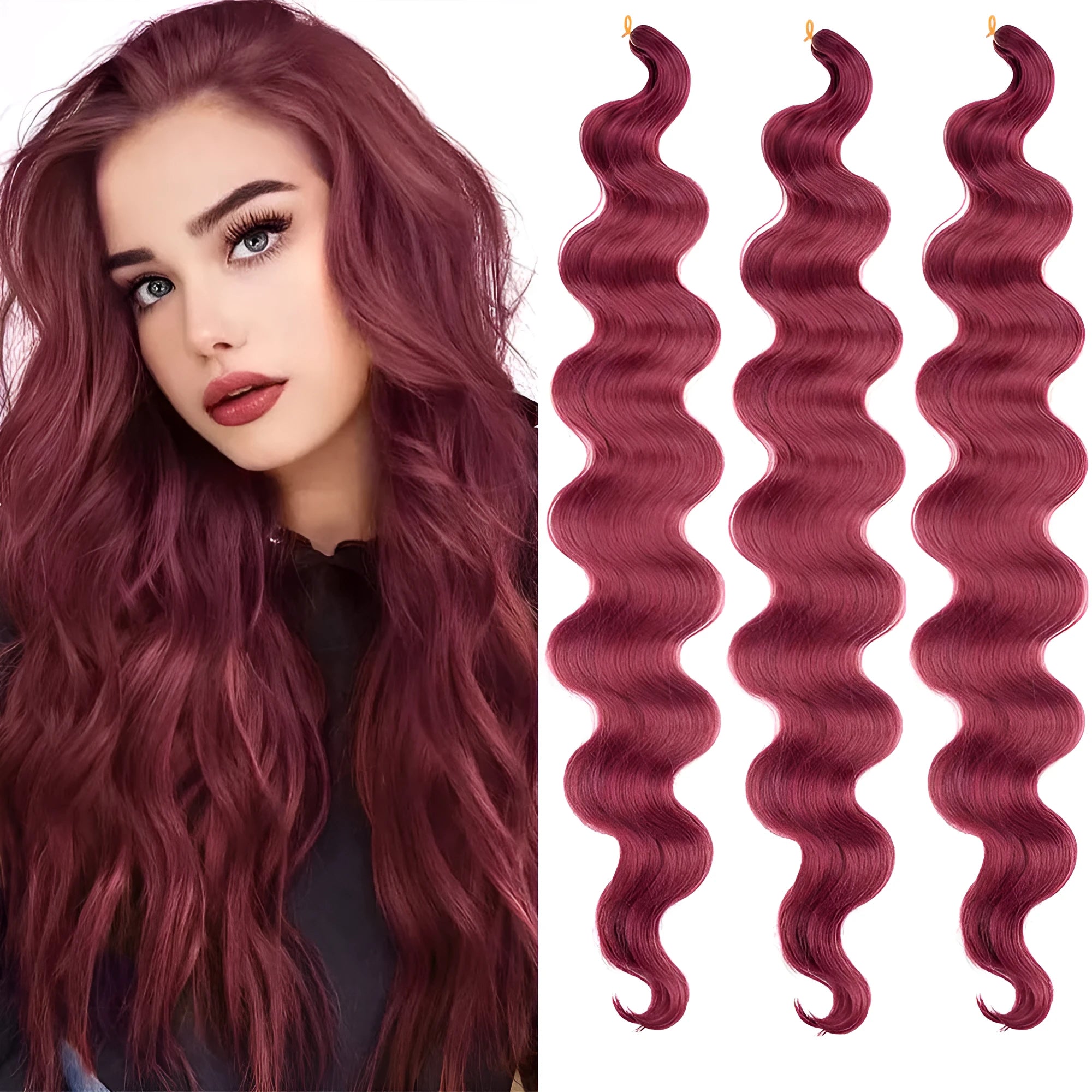 Wine red big wave crochet hair extension measuring 24 inches in length
