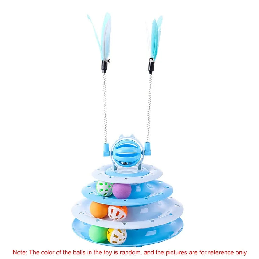 Interactive cat toy with 4-tier carousel, 6 toy balls, bell ball, and 2 teasing rods on a non-slip base