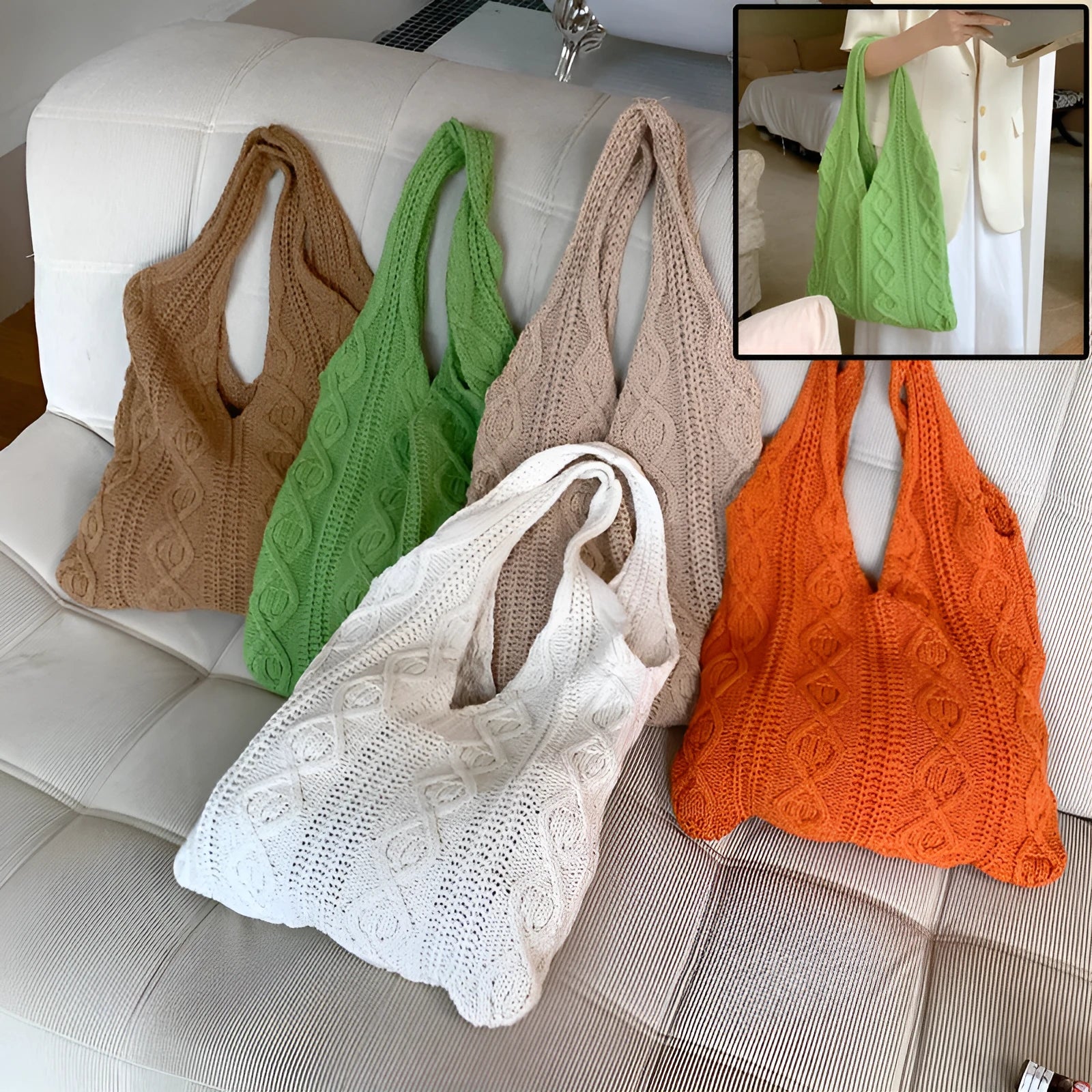 Retro hollow knitted women's shoulder tote bag in polyester yarn with double straps
