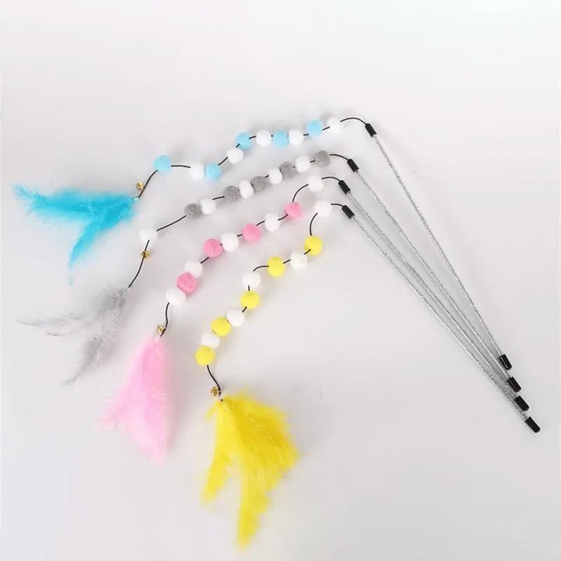 Colourful cat teaser interactive toy rod with bell and feather attachments