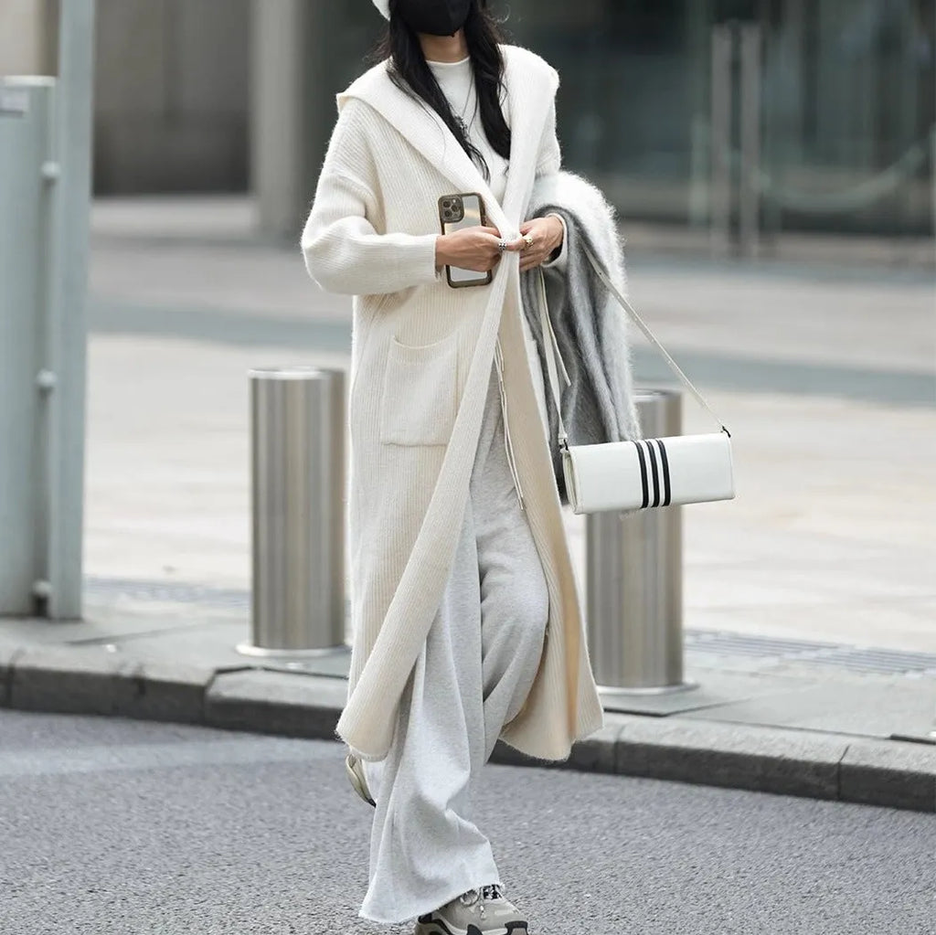 Long gray knitted cardigan hooded trench coat with loose fit and cashmere wool blend fabric