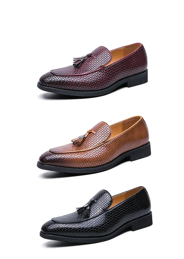 Men's black pointed toe slip on loafers with tassel detail on artificial PU leather upper