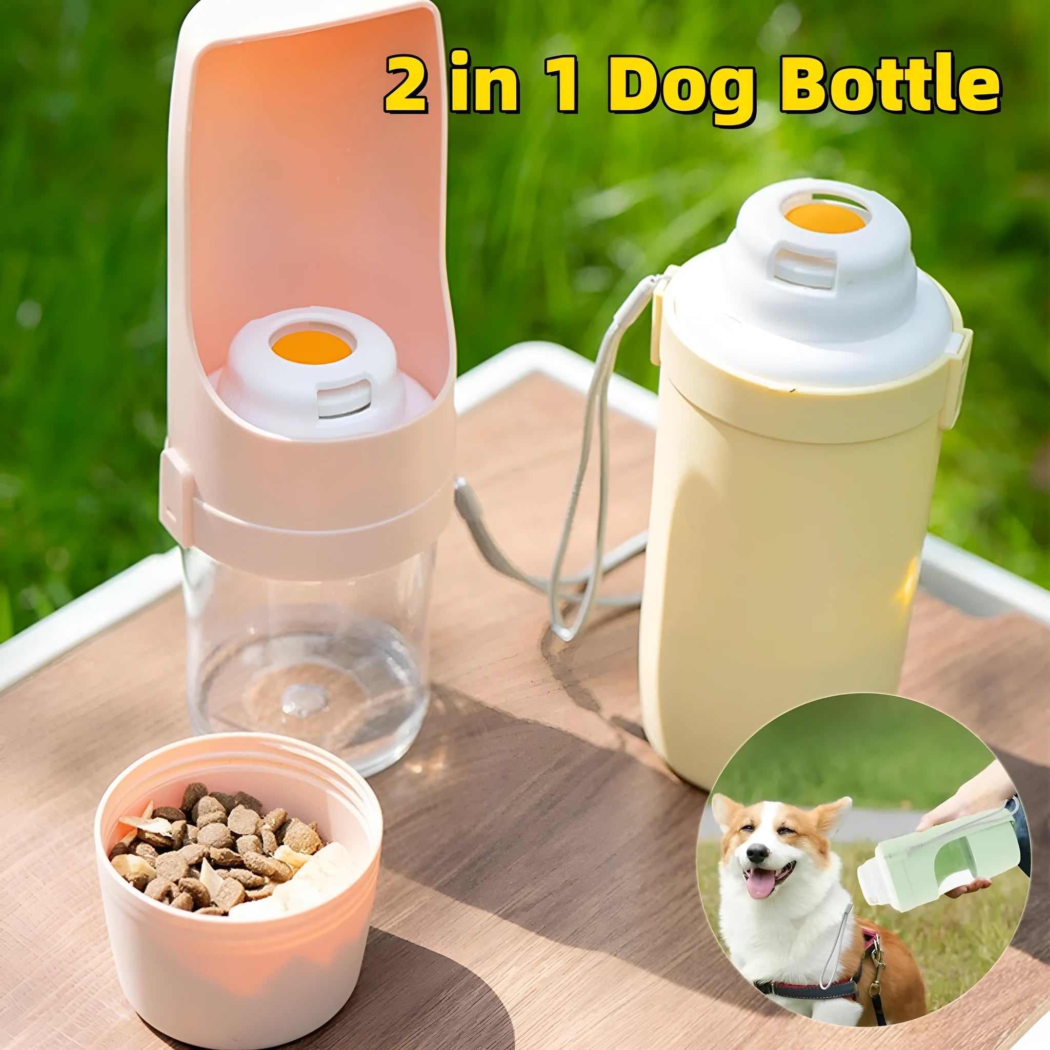 2-in-1 travel dog water bottle with 690ml capacity and green lanyard, folded to 20cm x 9cm, showing transparent body and dual compartments