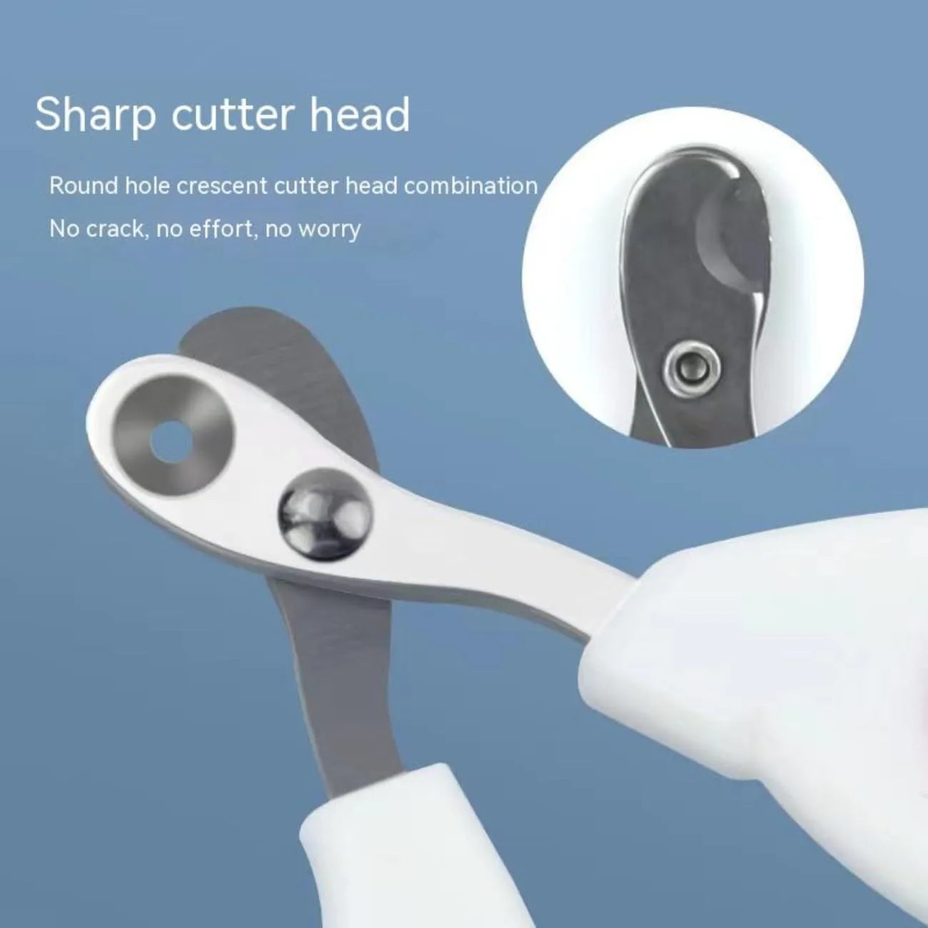 Blue pet nail clippers with circular hole design and cushioned non-slip handle on a white background.