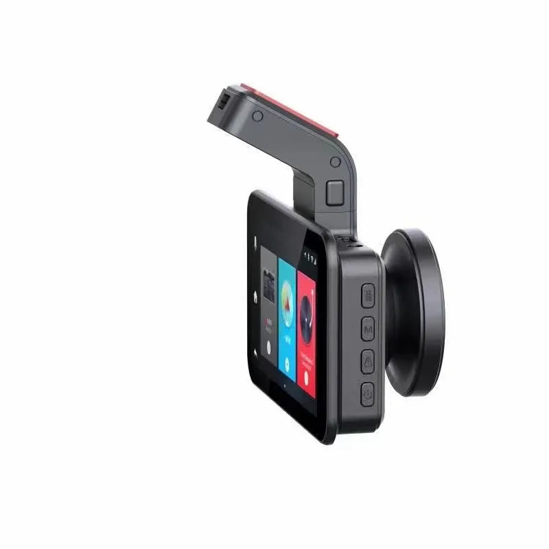 3-inch car DVR with dual lens recording system showing front unit and separate camera for rear recording