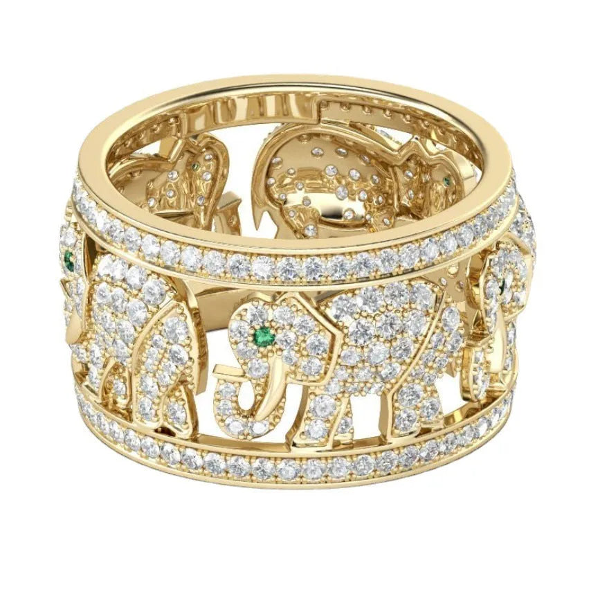 Alloy elephant ring with full diamond design in electroplated finish showing elephant motif detail