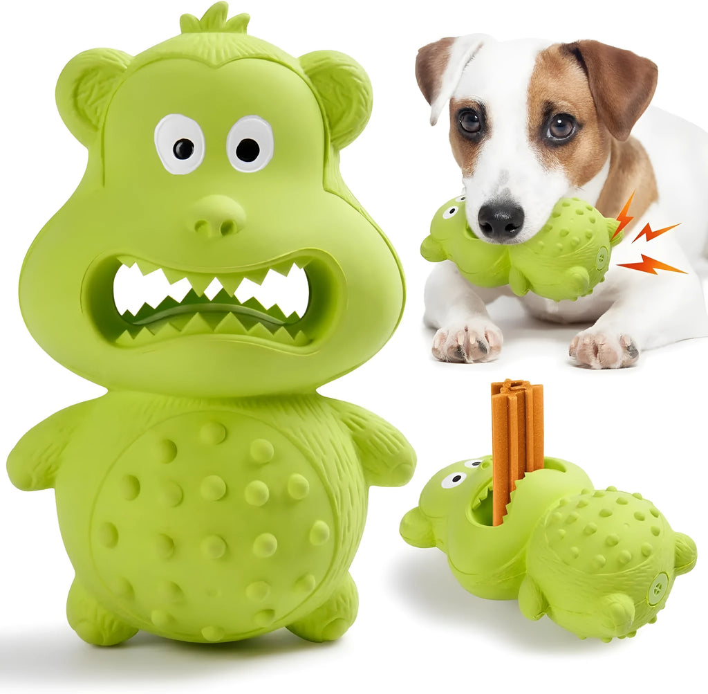 Green and yellow natural rubber dog toy for aggressive chewers with squeaker and fillable centre