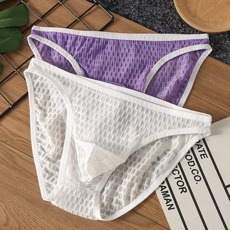 Men's low waist transparent lace underwear in black, quick-dry nylon, low-rise fit