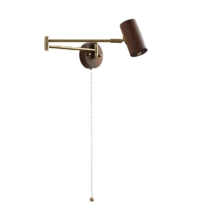 Retro rotating wall lamp with switch, long arm spot light in walnut wood and iron finish