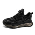 Men's black rotating button casual dad shoes with mesh upper and low platform sole.