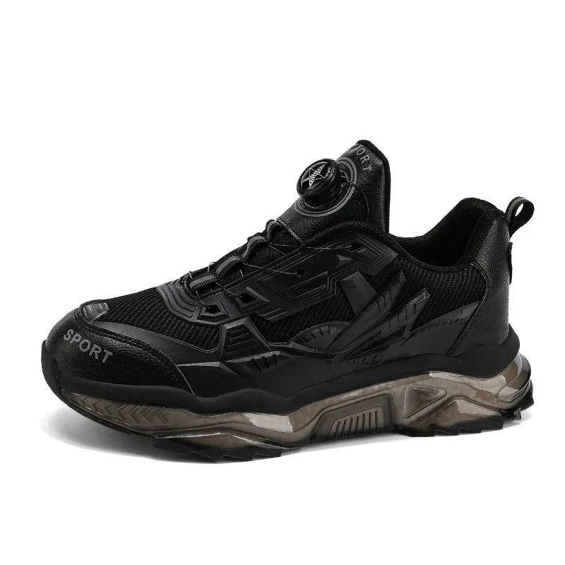 Men's black rotating button casual dad shoes with mesh upper and low platform sole.