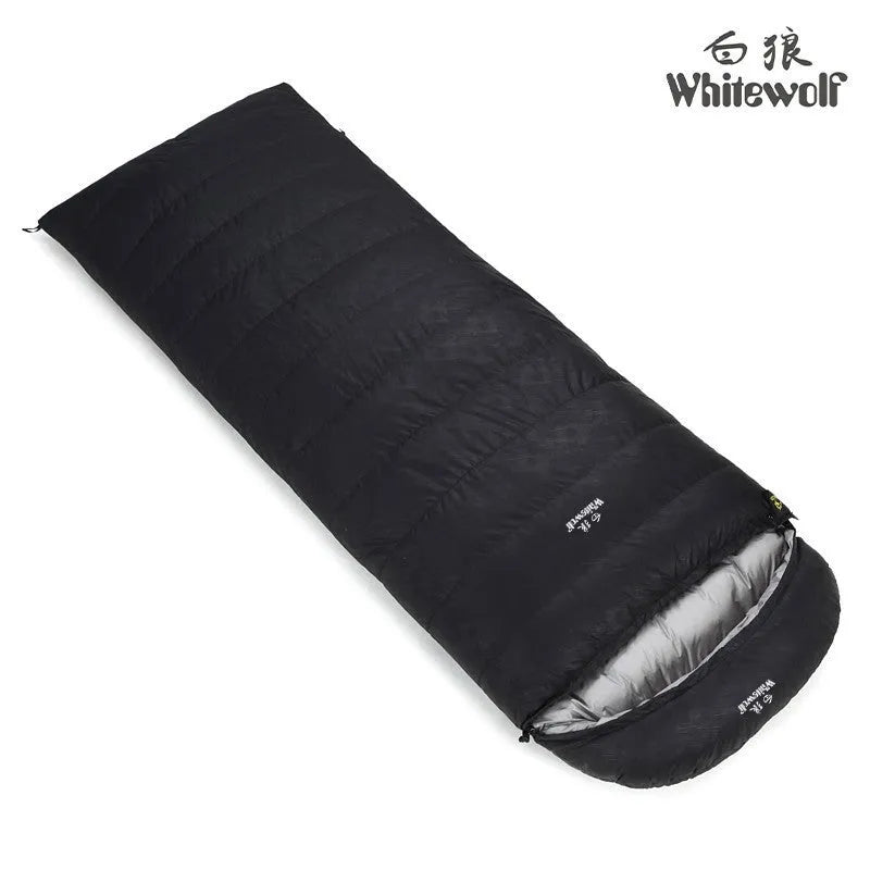 Black adult outdoor sleeping bag with white goose down filler and envelope design.