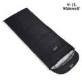 Black adult outdoor sleeping bag with white goose down filler and envelope design.