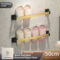 Black wall-mounted bathroom slipper rack with seat, punch-free carbon steel design, 30cm size
