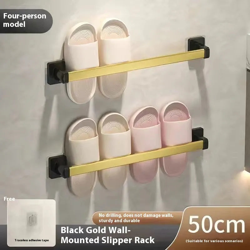 Black wall-mounted bathroom slipper rack with seat, punch-free carbon steel design, 30cm size