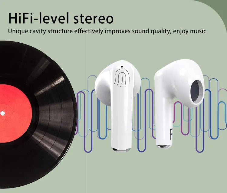 White wireless Bluetooth semi-in-ear earphones with a charging compartment on a white background.
