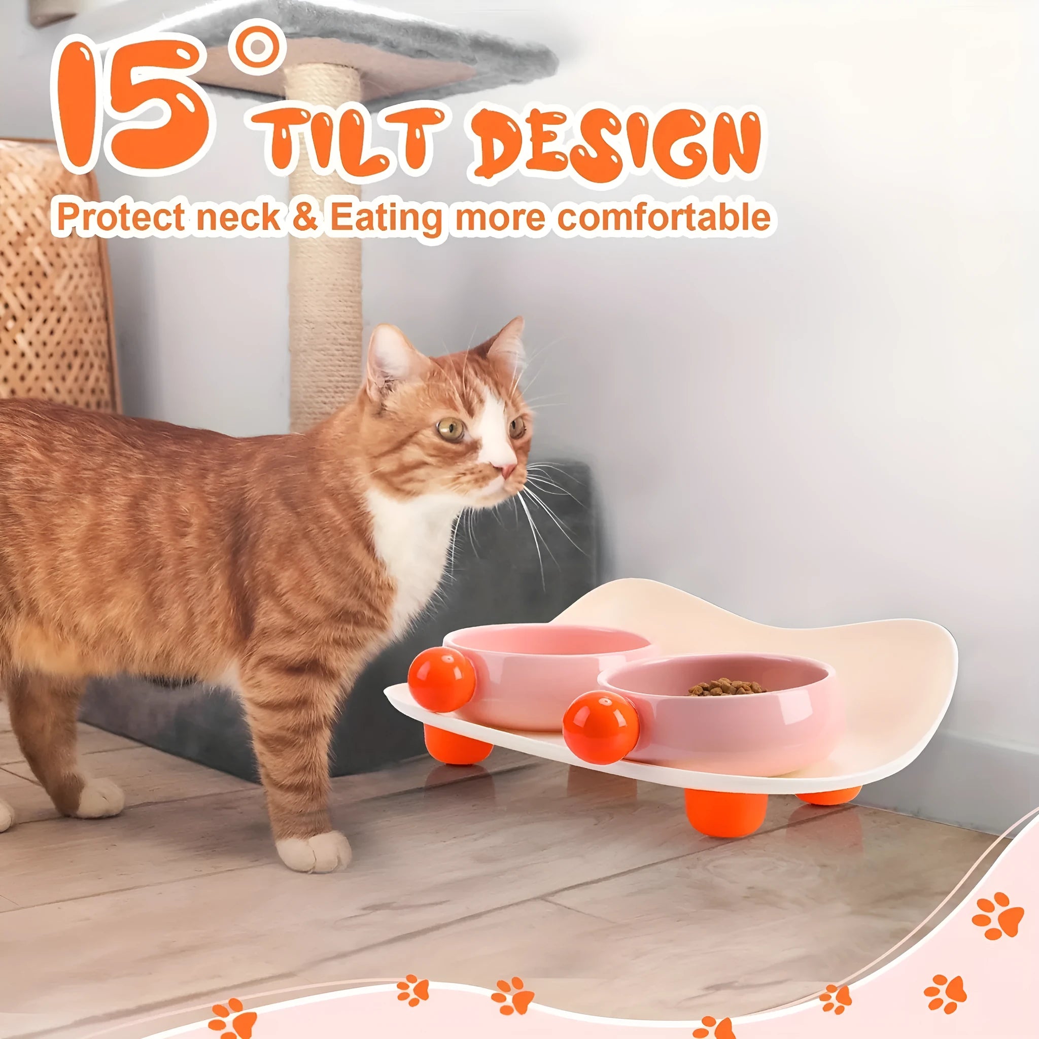 Ceramic raised pet feeder with two bowls in a pink yellow colour on a non-slip base.