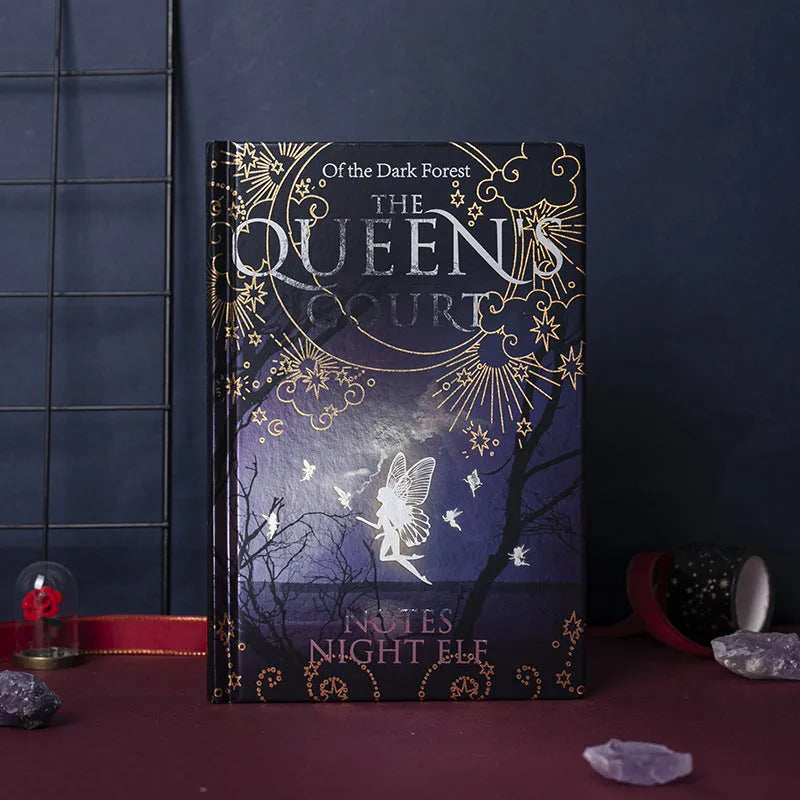 Retro luminous A5 hardcover notebook with illustrated pages in blue or purple night elves design