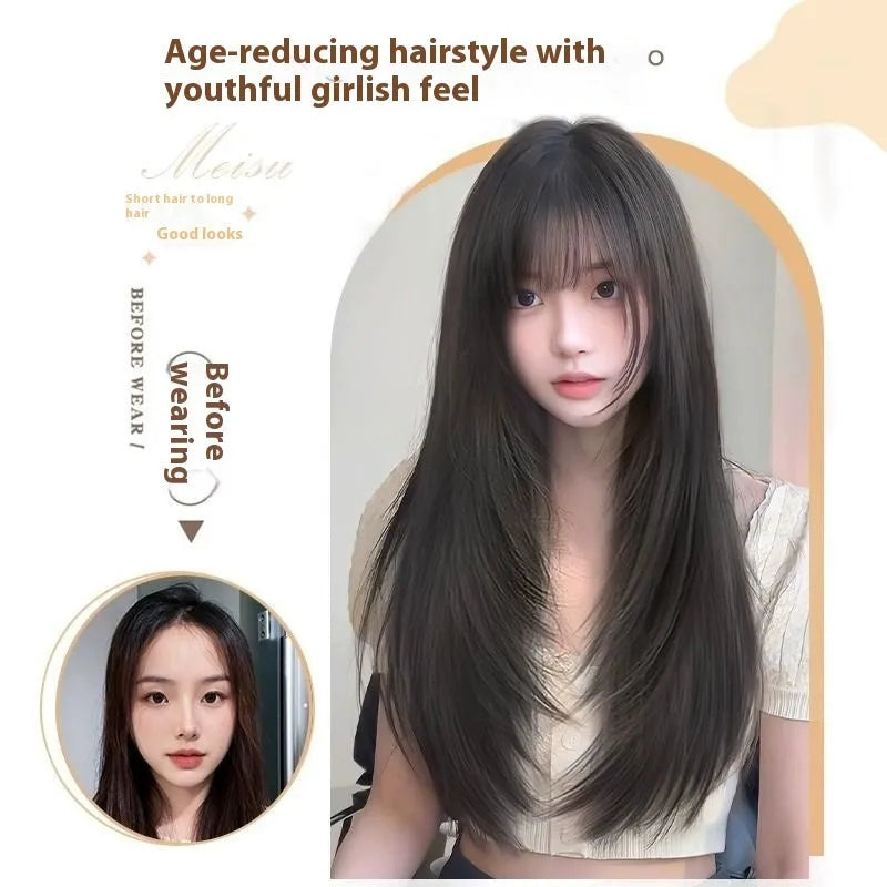 Black long straight high layered full-head wig for women with wear-free hair net