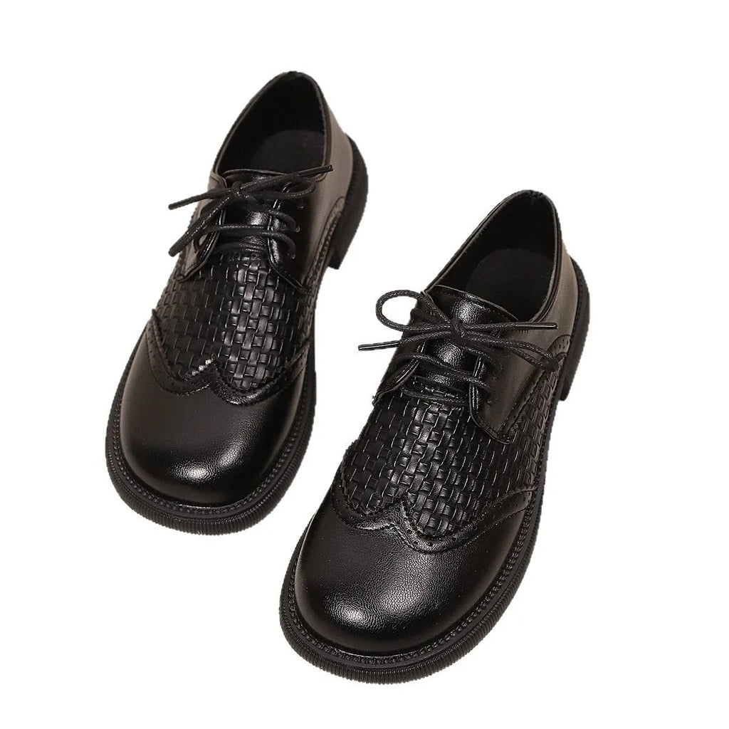 Women's mid heel lace-up mesh PU leather shoes, black single colour, low square heel, round toe design