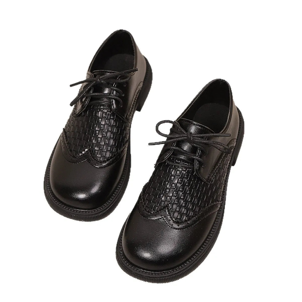 Women's mid heel lace-up mesh PU leather shoes, black single colour, low square heel, round toe design