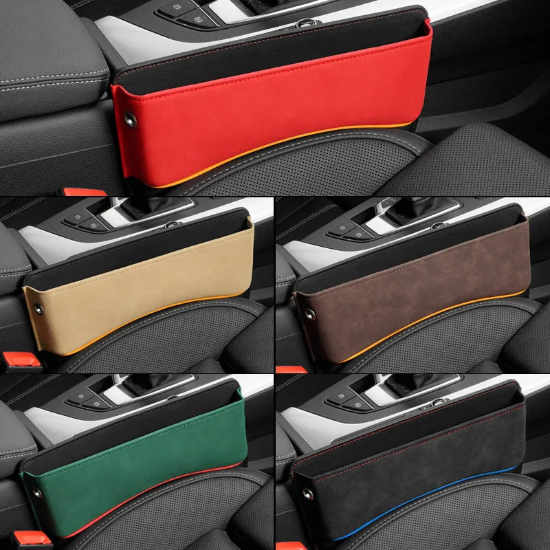 Leather car seat storage organiser box in beige colour on a car passenger seat.