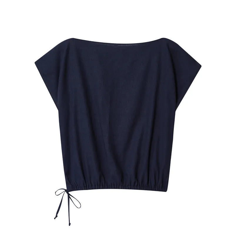 Women's linen blend two-piece set with off-neck top and wide-leg trousers in temperament commute style