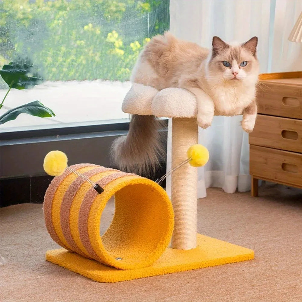 Yellow cat scratching post with sisal fibre surfaces, climbing frame and tunnel, dimensions 46cm x 36cm x 25cm