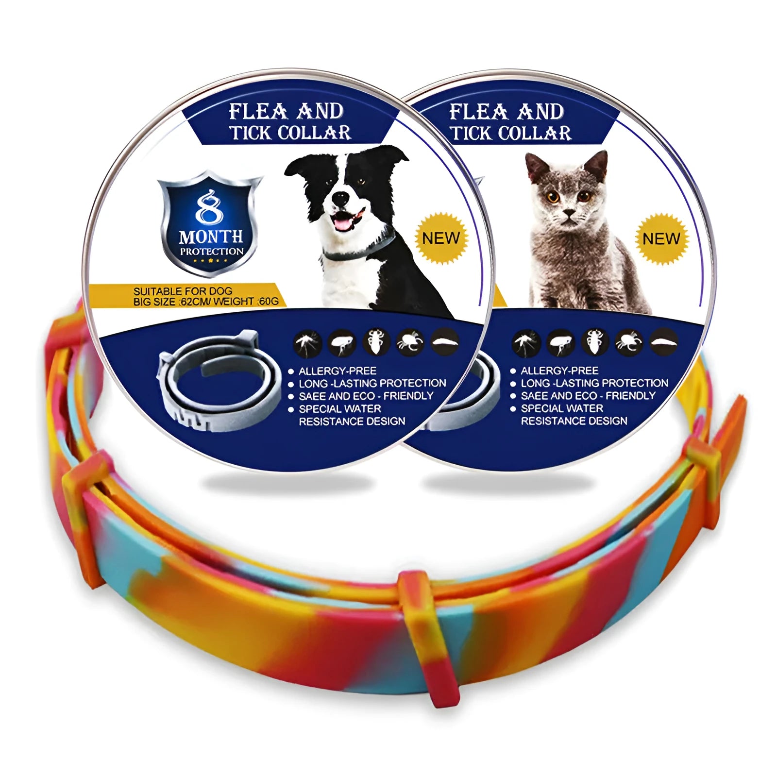 Rainbow plastic flea collar for cats and dogs in 38cm and 62cm sizes