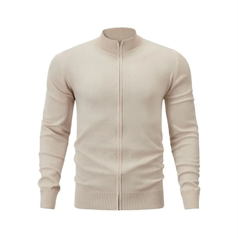 Stand collar casual zip sweater in apricot colour showing front zip and loose fit design