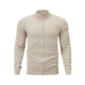 Stand collar casual zip sweater in apricot colour showing front zip and loose fit design