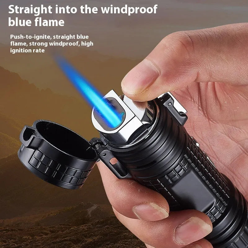 TH727 multifunction metal torch lighter in camouflage colour showing combined flashlight and lighter design.