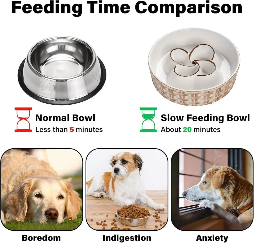 Ceramic slow feeder dog bowl for medium large dogs in blue non-slip anti-choking design